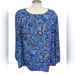 J Jill Wearever Womens Plus 2X Blue Floral Paisley Peasant Top Blouse Shirt